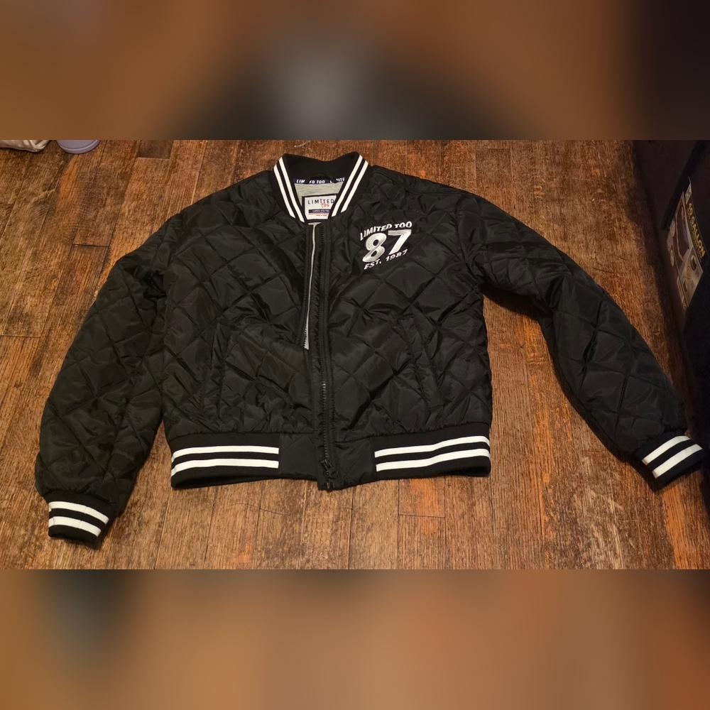 Limited Too Black Quilted Bomber Jacket with White Stripe Trim